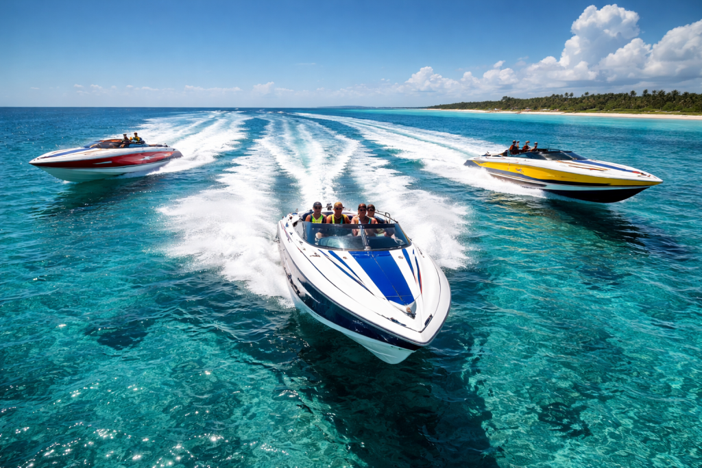Three speedboats racing on clear blue water near a tropical coastline
