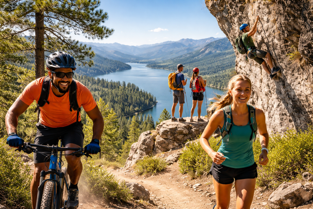 Group enjoying mountain biking, running, hiking, and rock climbing near a scenic lake