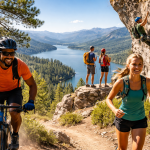 Group enjoying mountain biking, running, hiking, and rock climbing near a scenic lake