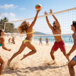 Four people playing volleyball on a sunny beach with the ocean and palm trees in the background