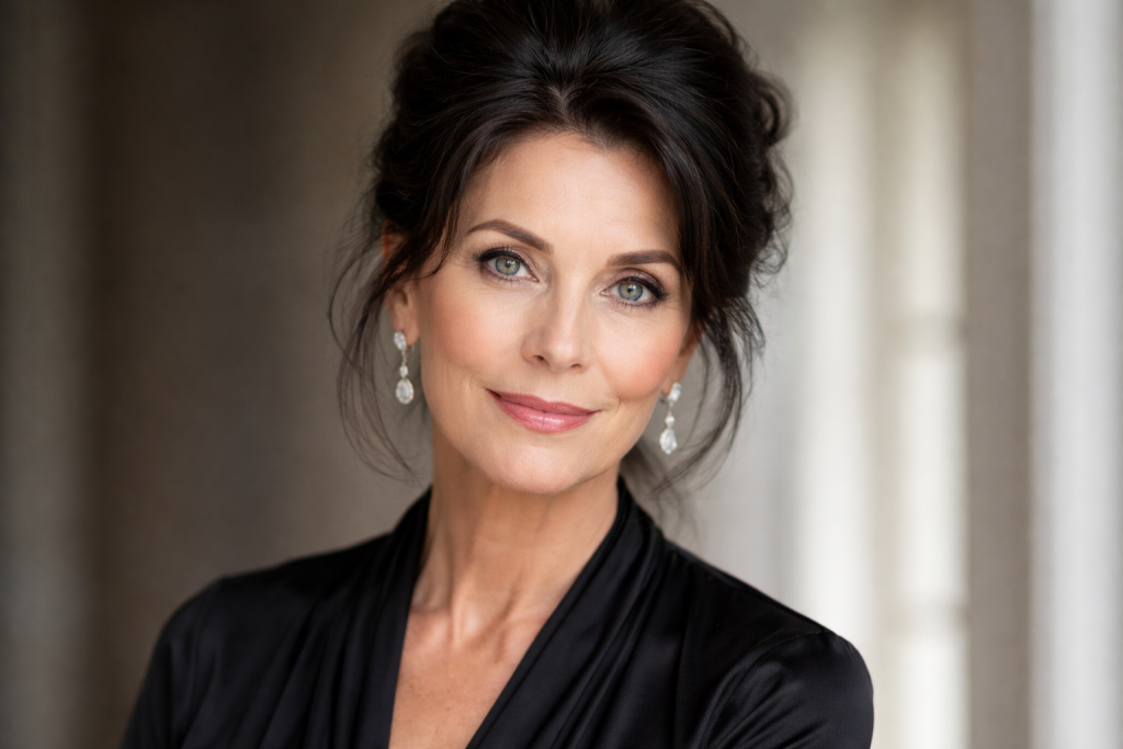 Close-up portrait of a mature woman with green eyes, wearing drop earrings and a black top