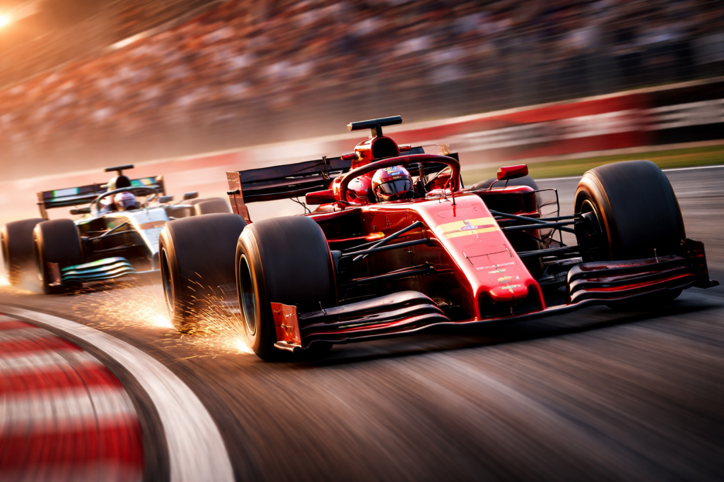 Two Formula 1 cars racing closely on a track with sparks flying from the red car.