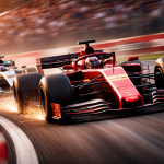 Two Formula 1 cars racing closely on a track with sparks flying from the red car.