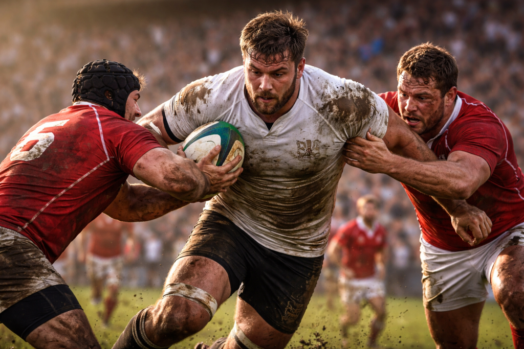 Three rugby players in muddy uniforms competing intensely on the field