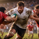 Three rugby players in muddy uniforms competing intensely on the field