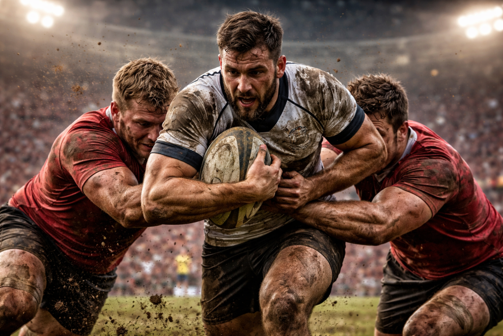 Rugby player in white jersey running with ball while tackled by two opponents in red jerseys on muddy field
