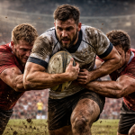 Rugby player in white jersey running with ball while tackled by two opponents in red jerseys on muddy field