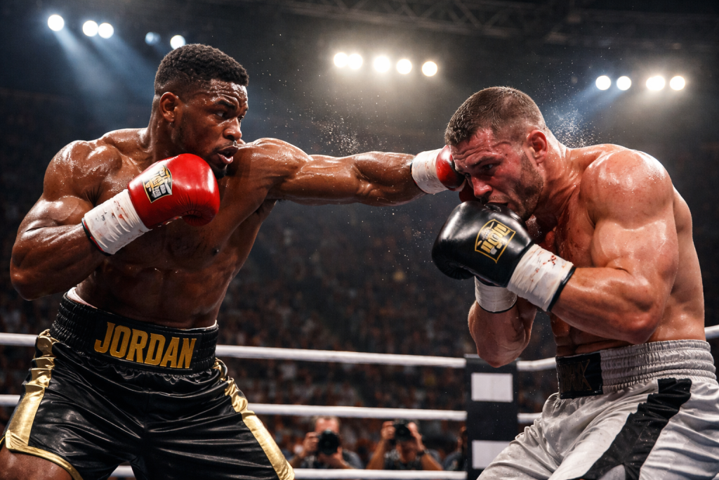 Two muscular boxers in the ring, one delivering a punch to the other's face.