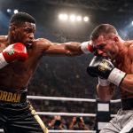 Two muscular boxers in the ring, one delivering a punch to the other's face.