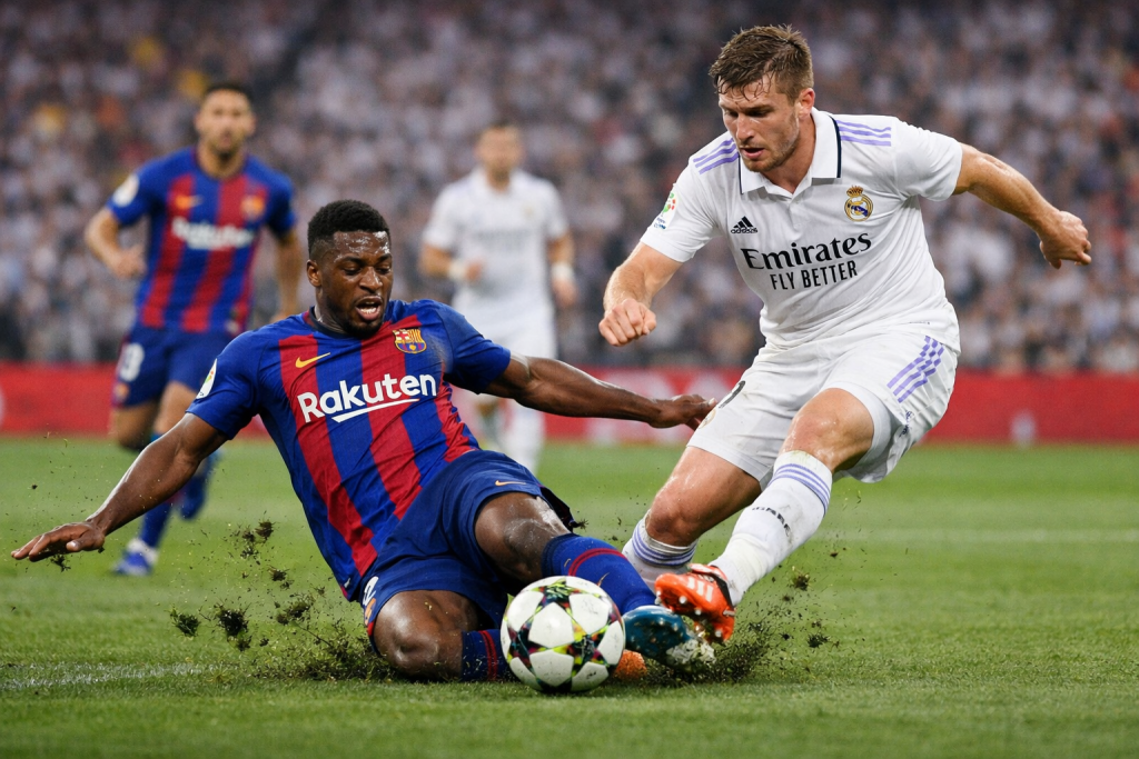 Two soccer players from Barcelona and Real Madrid contest the ball in a sliding tackle