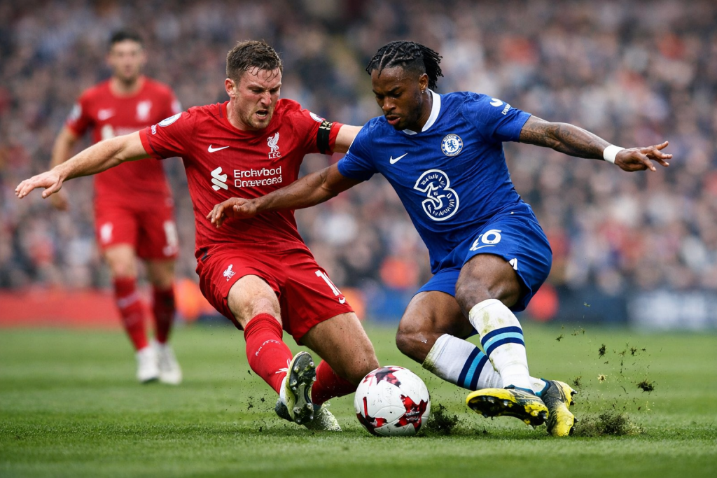 Two football players from Liverpool and Chelsea competing for the ball on the field.