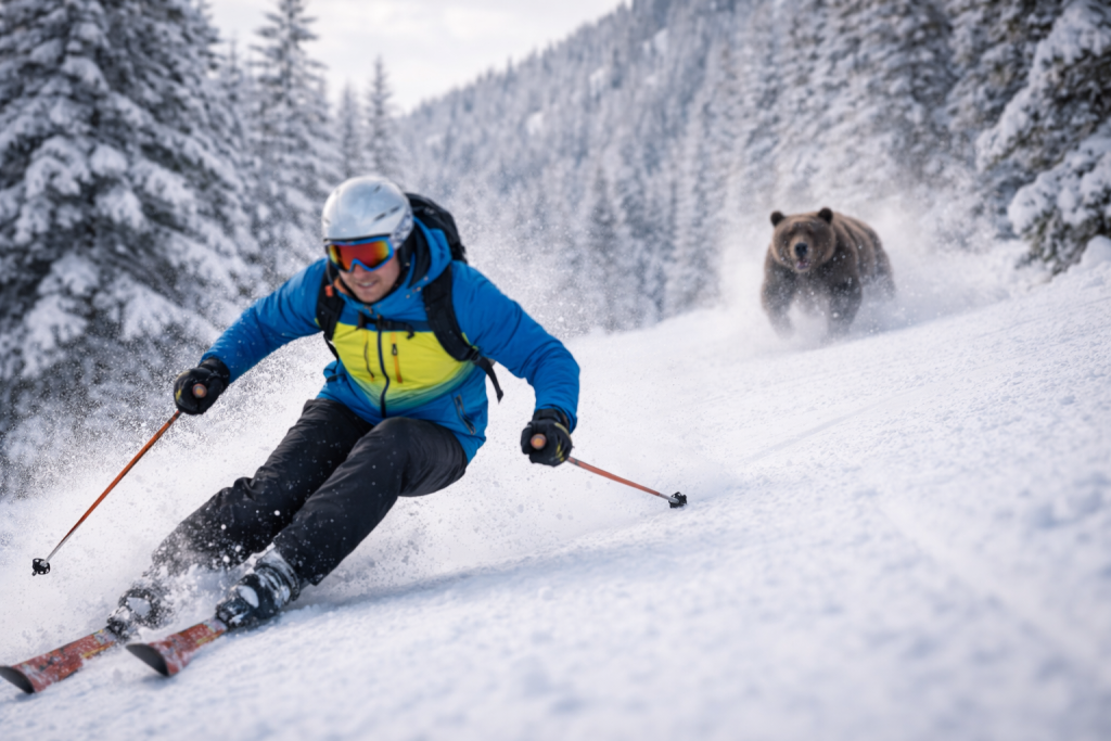 Skier in blue jacket skiing down snowy slope with a bear chasing behind