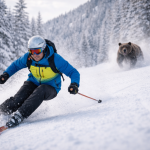 Skier in blue jacket skiing down snowy slope with a bear chasing behind