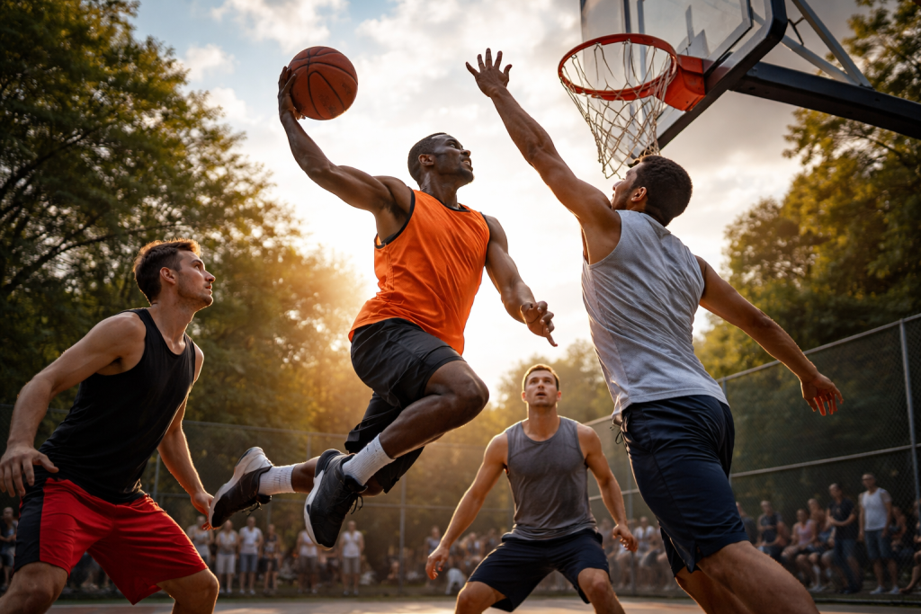 Player in orange jersey jumping for a dunk during a basketball game outdoors