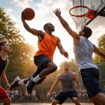 Player in orange jersey jumping for a dunk during a basketball game outdoors