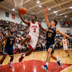Player in white jersey leaps for a layup while two defenders try to block him during a basketball game.
