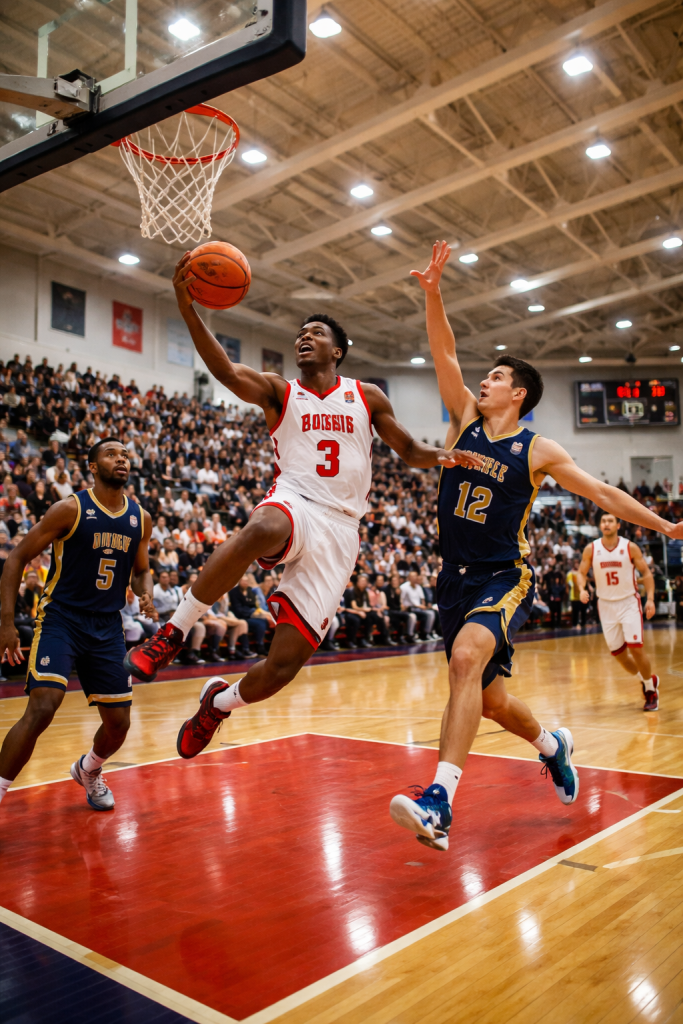 Player in white jersey leaps for a layup while two defenders try to block him during a basketball game.