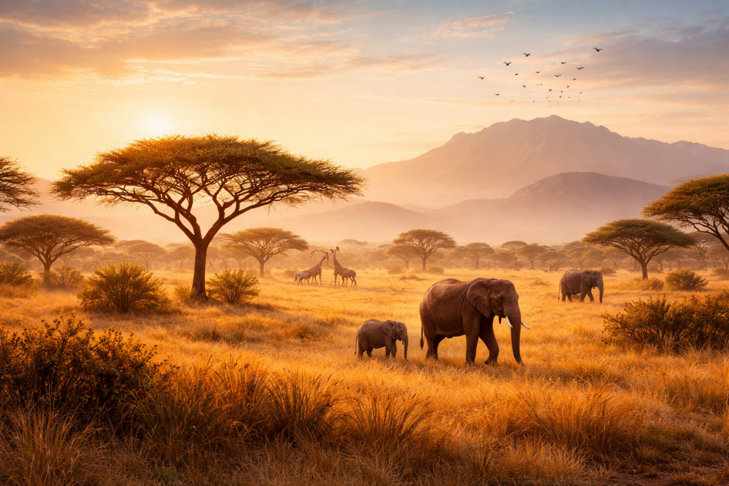 Elephants and giraffes in golden savannah grass with acacia trees and mountains at sunrise