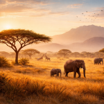 Elephants and giraffes in golden savannah grass with acacia trees and mountains at sunrise