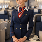 Female flight attendant in navy uniform standing inside an airplane cabin