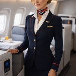 Smiling female flight attendant in uniform standing inside airplane cabin