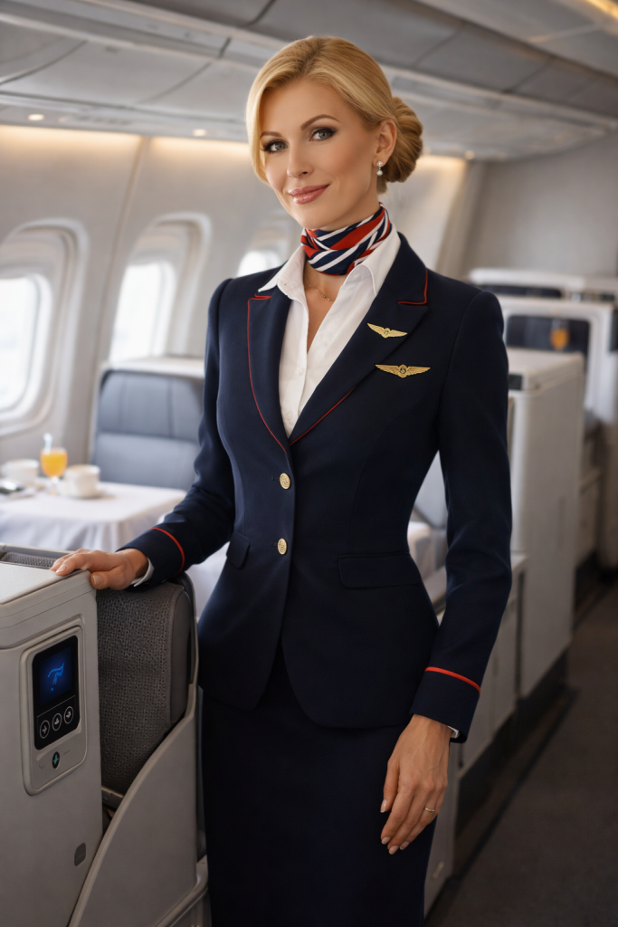 Smiling female flight attendant in uniform standing inside airplane cabin