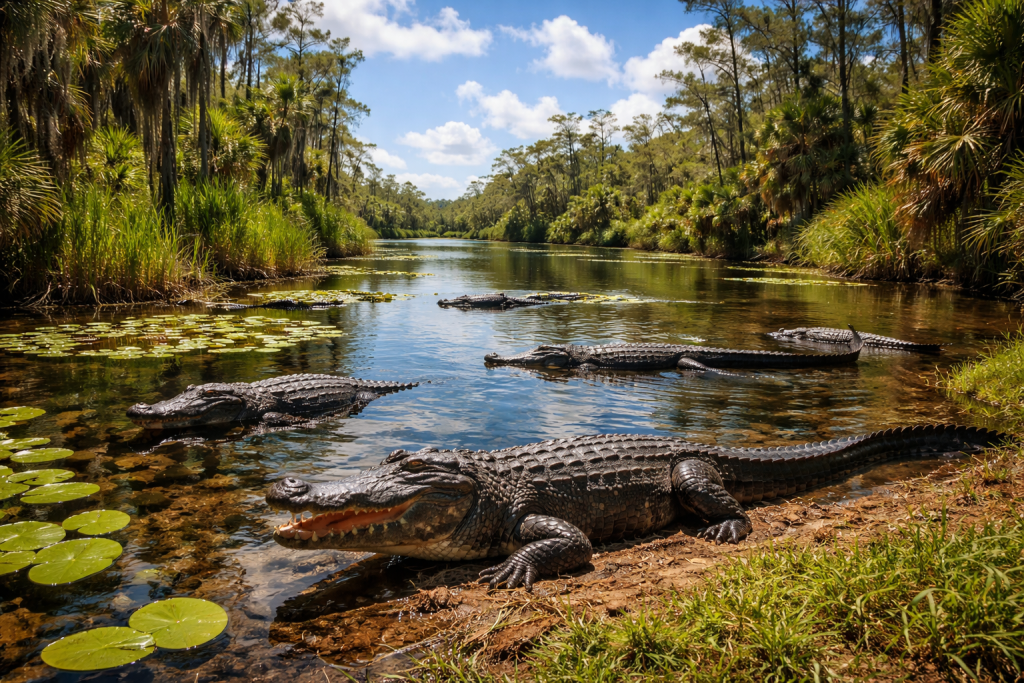 Several alligators resting in and along a calm river surrounded by dense greenery and lily pads.