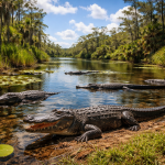 Several alligators resting in and along a calm river surrounded by dense greenery and lily pads.