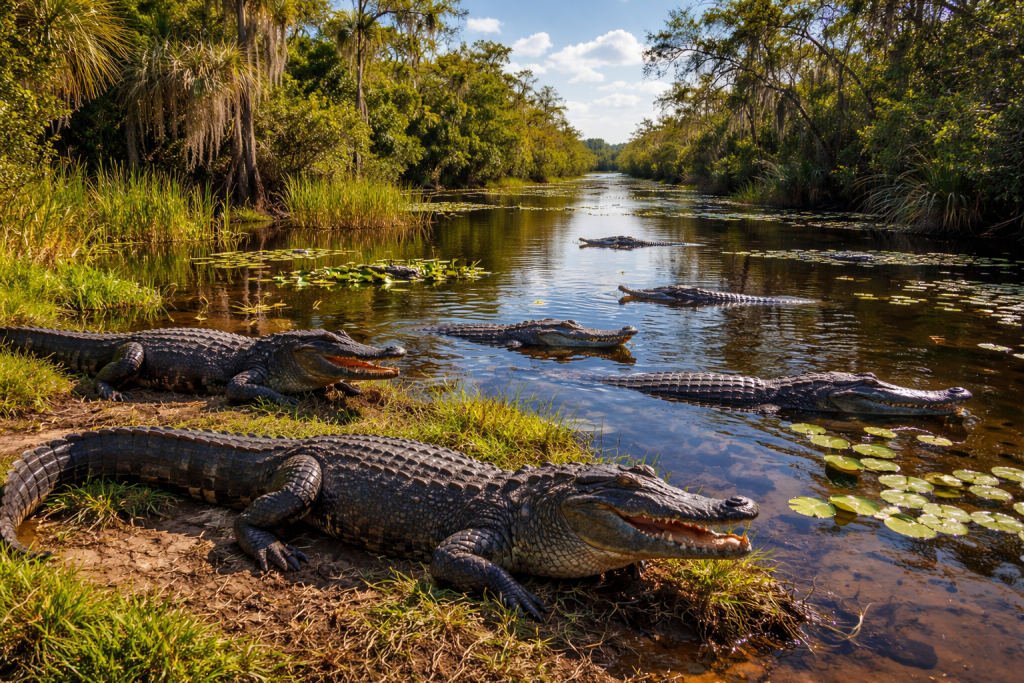 Group of alligators resting and swimming in a lush, sunlit river with surrounding vegetation.
