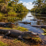 Group of alligators resting and swimming in a lush, sunlit river with surrounding vegetation.