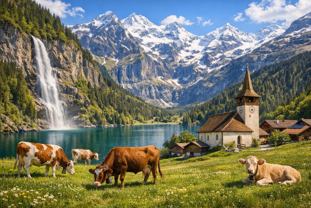 Cows grazing in a meadow near a lake with a waterfall and snow-capped mountains, next to a village church.