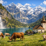 Cows grazing in a meadow near a lake with a waterfall and snow-capped mountains, next to a village church.