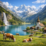 Cows grazing by a lake with a waterfall and snow-capped mountains in the background