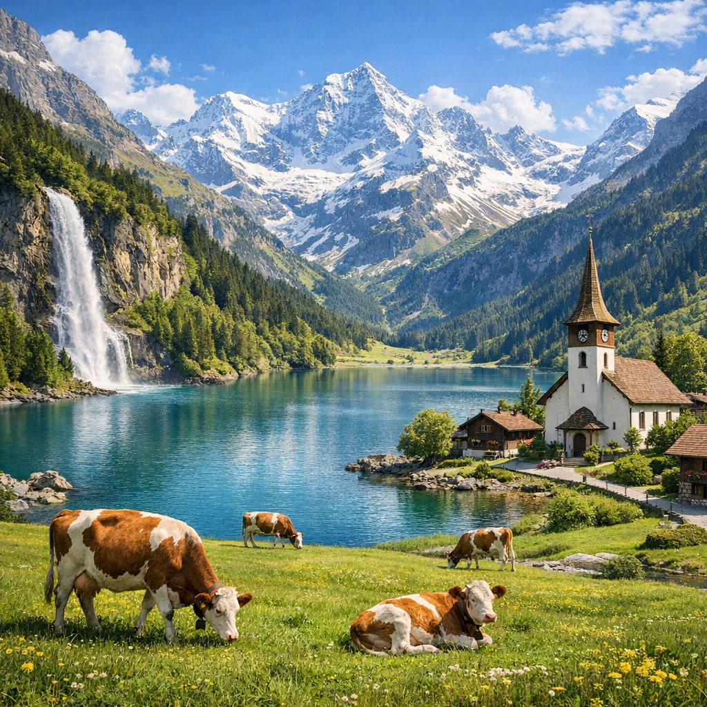 Cows grazing by a lake with a waterfall and snow-capped mountains in the background