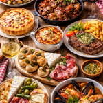 Table filled with diverse gourmet dishes including steak, seafood, salads, bread, and wine