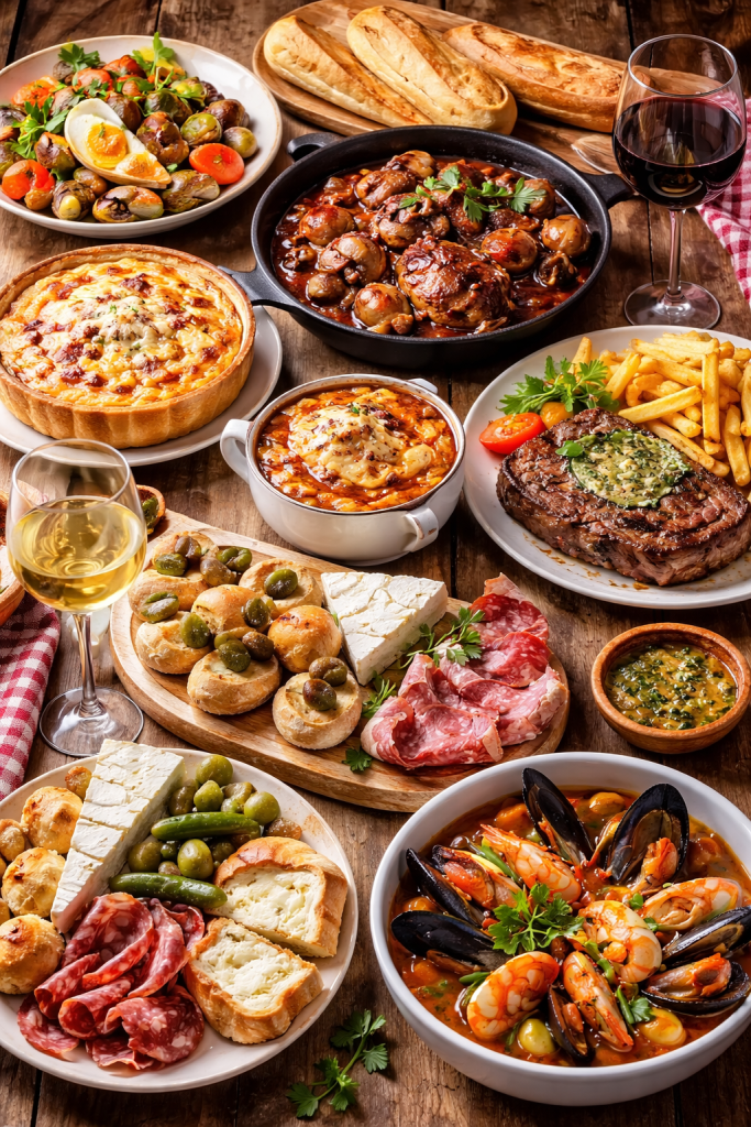 Table filled with diverse gourmet dishes including steak, seafood, salads, bread, and wine
