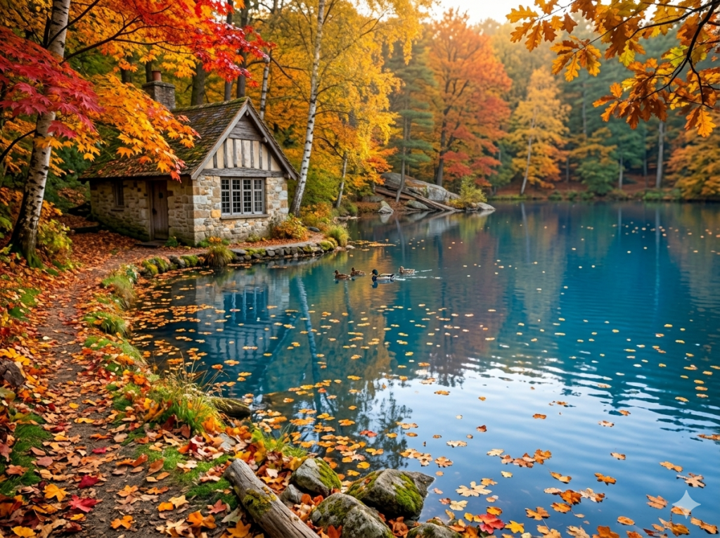 Stone cottage beside a clear lake surrounded by colorful autumn trees and ducks swimming