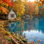 Stone cottage beside a clear lake surrounded by colorful autumn trees and ducks swimming