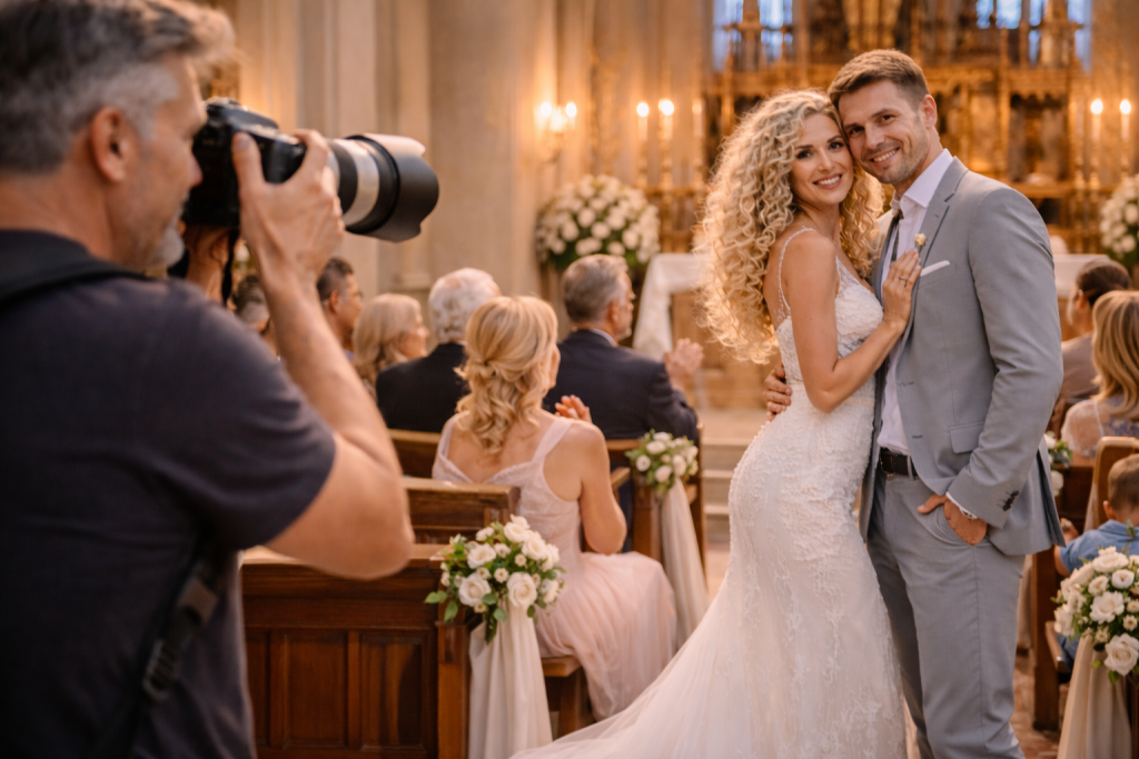 Photographer capturing smiling bride and groom posing in a decorated church during their wedding.