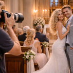 Photographer capturing smiling bride and groom posing in a decorated church during their wedding.