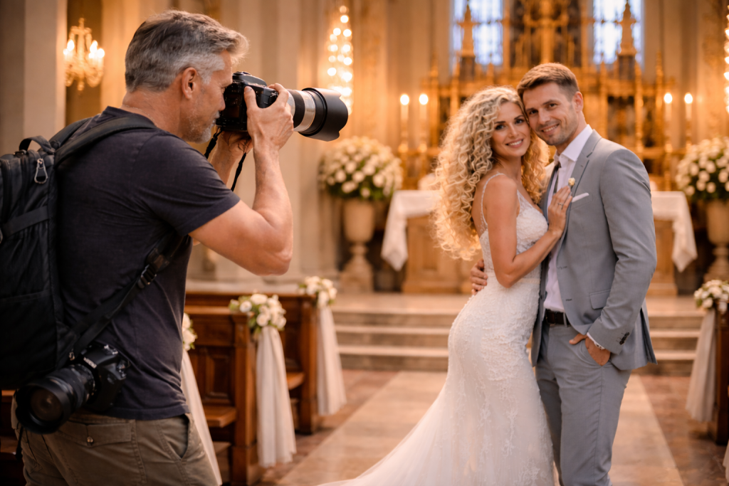 Photographer capturing a smiling bride in white dress and groom in gray suit inside a decorated church.
