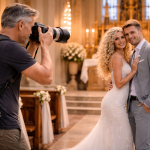 Photographer capturing a smiling bride in white dress and groom in gray suit inside a decorated church.