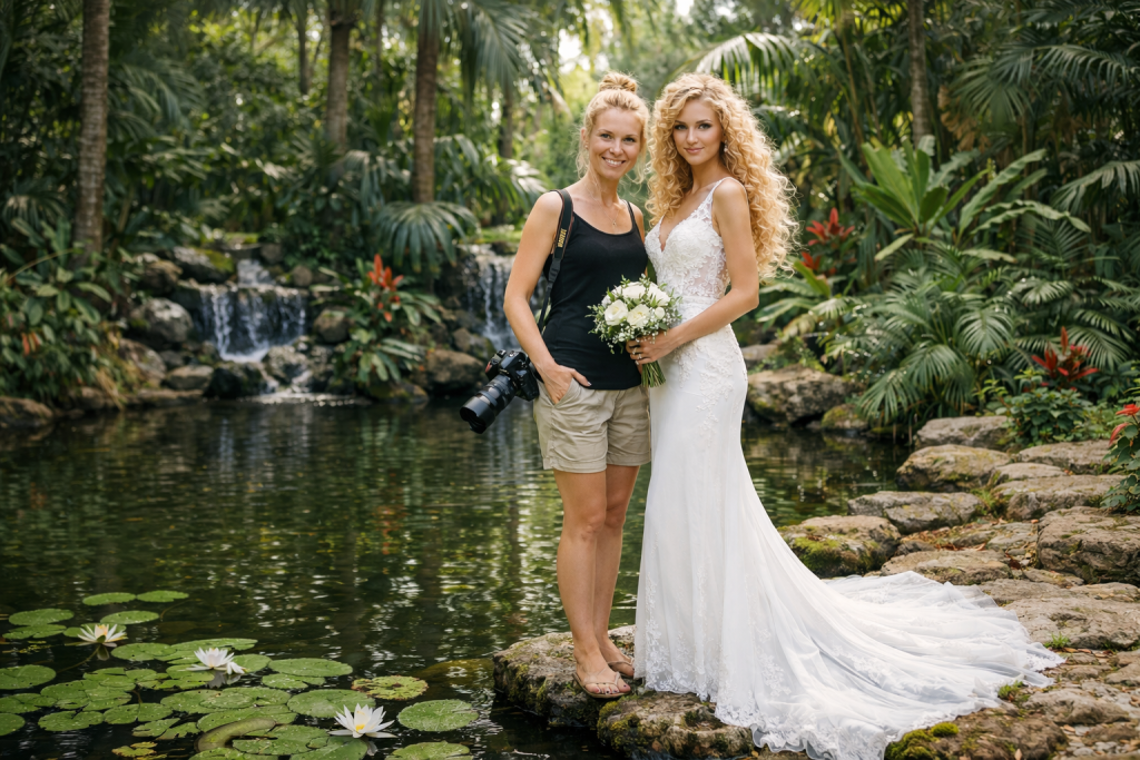 Bride in white lace dress with bouquet standing next to photographer by a pond with lilies and waterfall