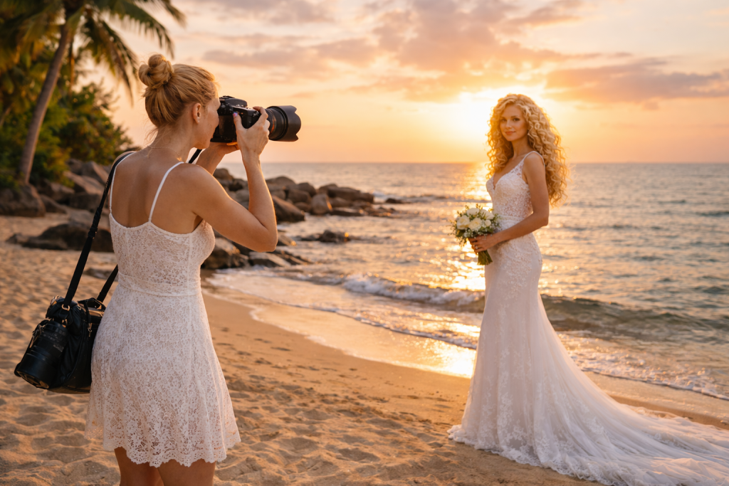 Photographer taking pictures of a bride in a lace wedding dress on a beach at sunset