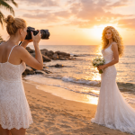 Photographer taking pictures of a bride in a lace wedding dress on a beach at sunset