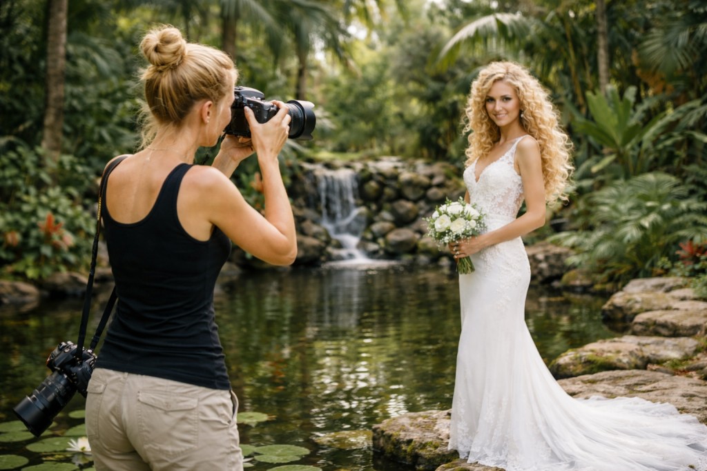 Photographer taking pictures of a bride in a white gown holding a bouquet near a pond and waterfall.