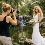 Photographer taking pictures of a bride in a white gown holding a bouquet near a pond and waterfall.