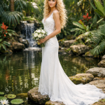 Bride in white lace wedding dress holding bouquet standing on rocks in a garden pond with waterfall