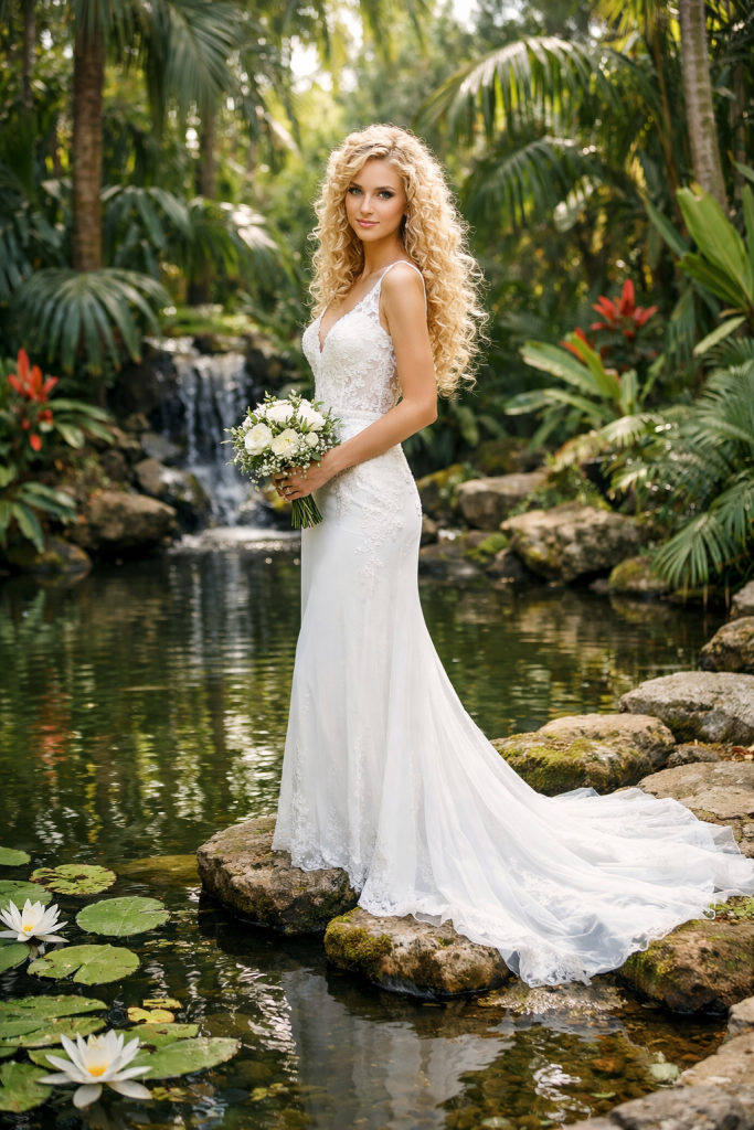 Bride in white lace wedding dress holding bouquet standing on rocks in a garden pond with waterfall