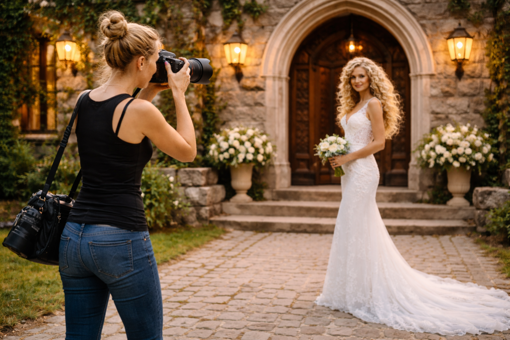 Photographer capturing a bride in a white lace wedding dress standing on stone steps outside a rustic building.